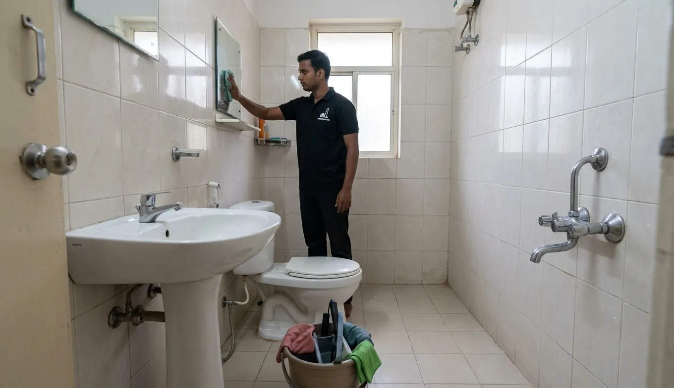 Freshly deep-cleaned bathroom in a Hyderabad apartment